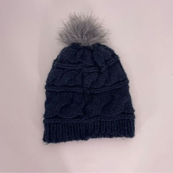 The North Face Navy Blue Knit with Grey Pom Pom Winter Hat - Picture 2 of 3